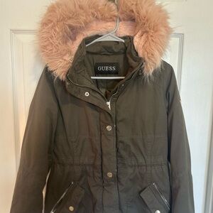 GUESS Women's Green Utility Jacket with Pink Faux Fur Hood